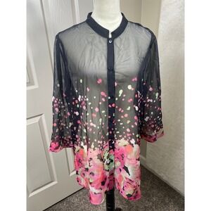 Liz Baker Sheer Floral Tunic Top‎ Button Down Cover Up Pink Green Black Artsy XL